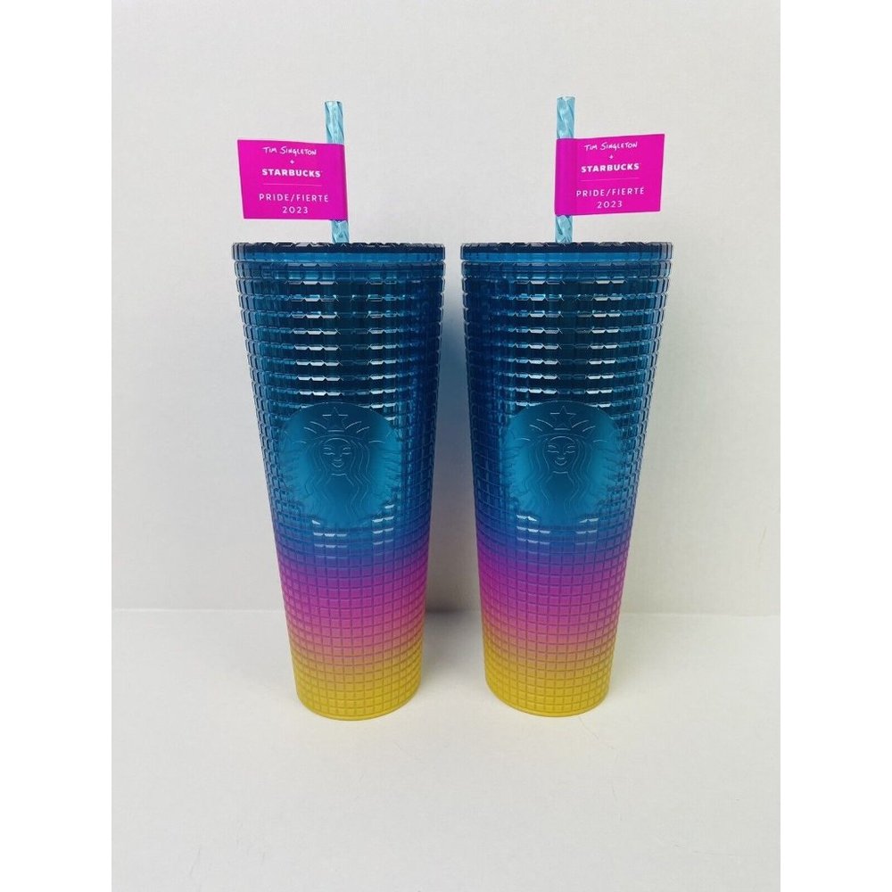 2‎ Starbucks Pride Rainbow 24oz Venti Tim Singleton Grid Iridescent Cups LOT NWT